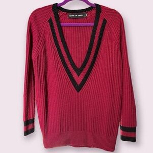 House of Three burgundy black chevron varsity v-neck acrylic chunky knit sweater
